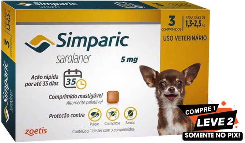 Simparic 5mg, 1,3 até 2,5kg, 03 Comprimidos Zoetis para Cães