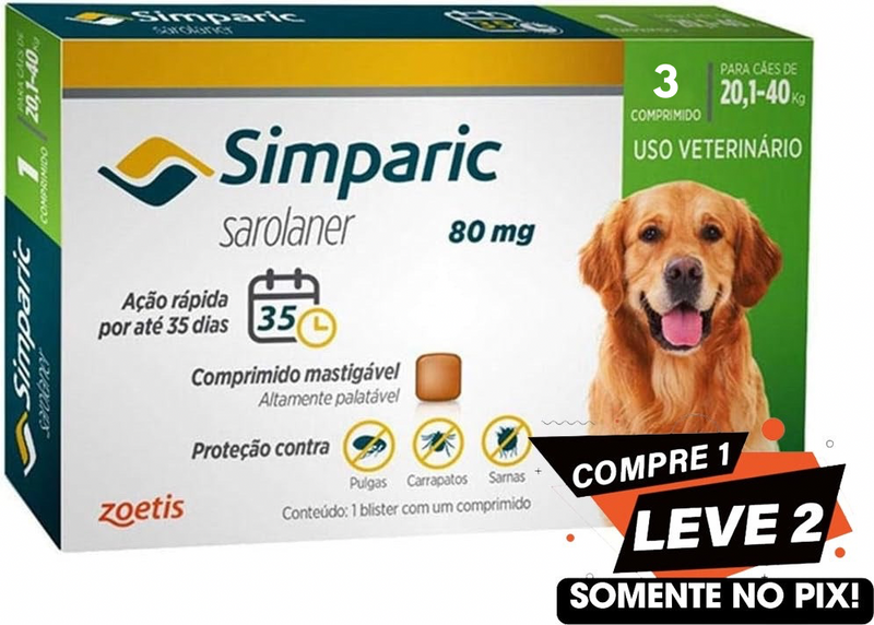 Antipulgas Simparic cães 20,1 - 40 kg - 3 comprimidos Zoetis