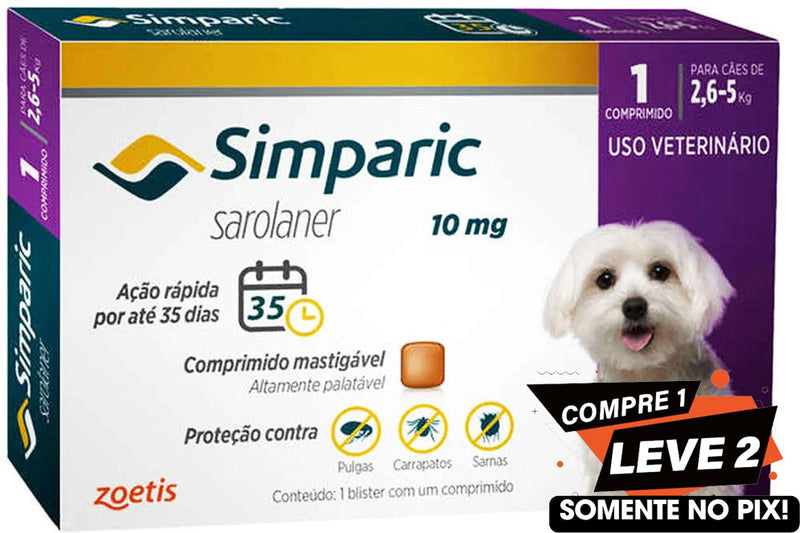 Simparic 10mg, 2,6 até 5kg, 1 Comprimido para Cães