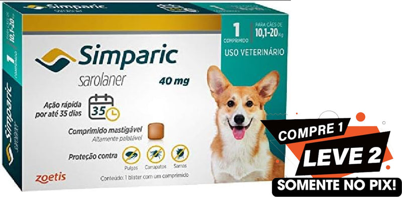 Simparic 40mg Para Cães 10,1 A 20kg 1 Comprimido para Cães