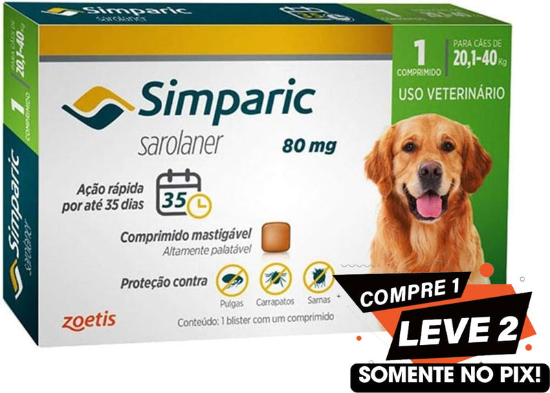 Simparic 80mg para Cães de 20,1 a 40kg - 1 Comprimido