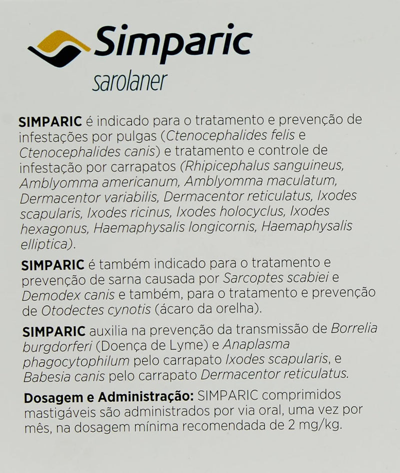 Simparic 10Mg para cães de 2,6 a 5kg com 3 Comprimidos