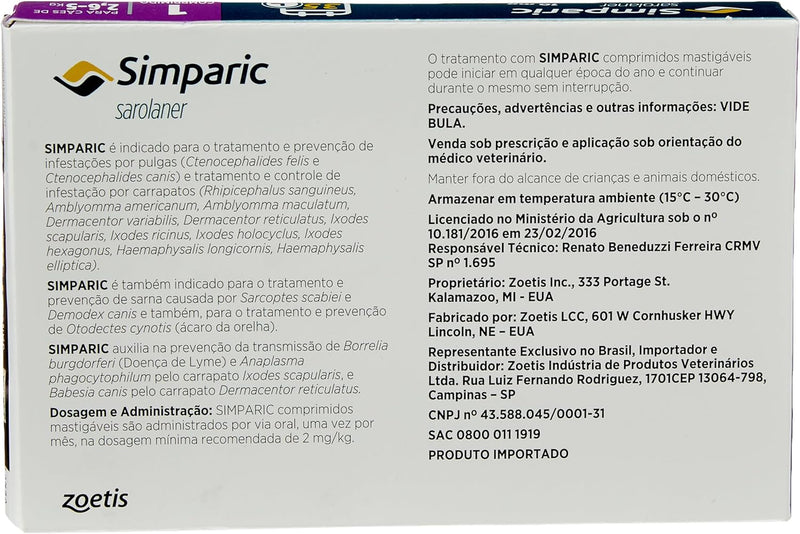 Simparic 10mg, 2,6 até 5kg, 1 Comprimido para Cães