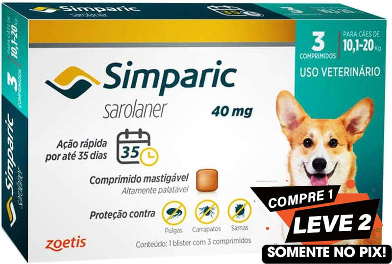 Simparic 40Mg Para Cães 10,1 A 20 Kg - 3 Comprimidos