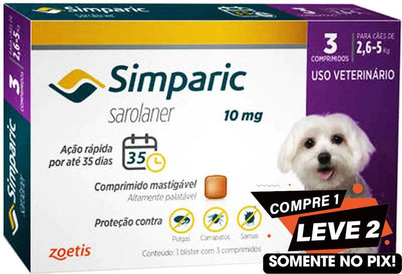 Simparic 10Mg para cães de 2,6 a 5kg com 3 Comprimidos